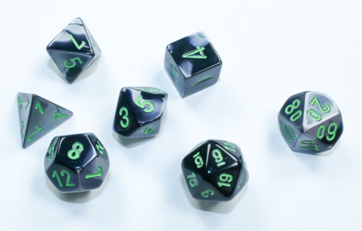 Chessex Dice: Gemini Black-Grey /green Mini-Polyhedral 7-Die Set