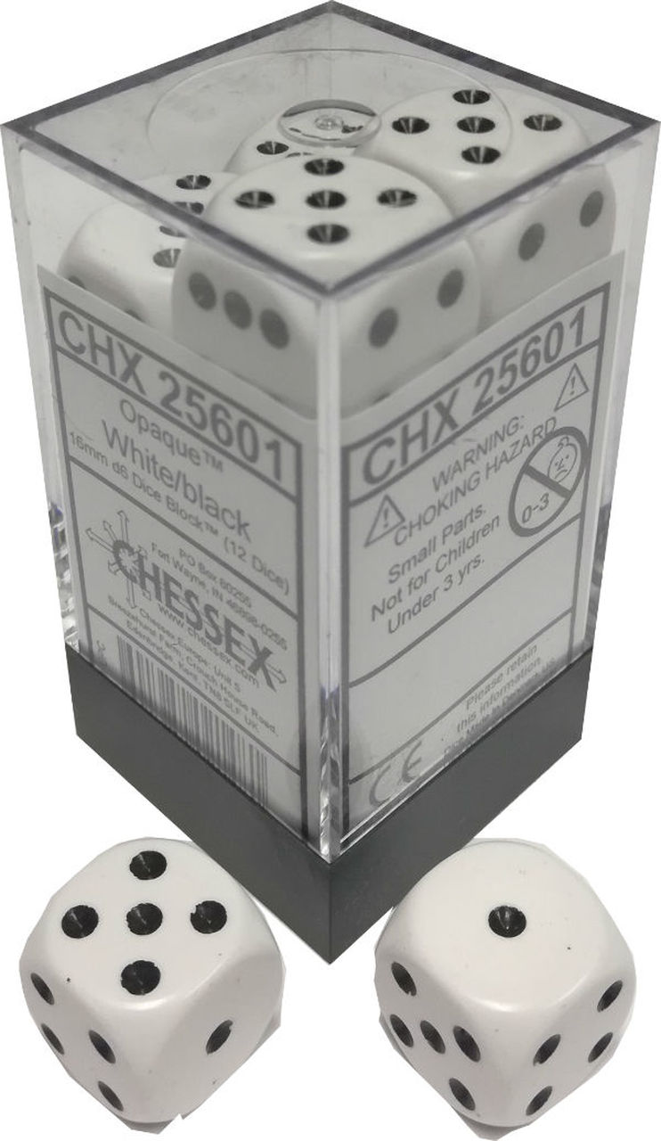 Chessex Dice: 16mm D6 Opaque - White with Black Numerals 12-Die Set