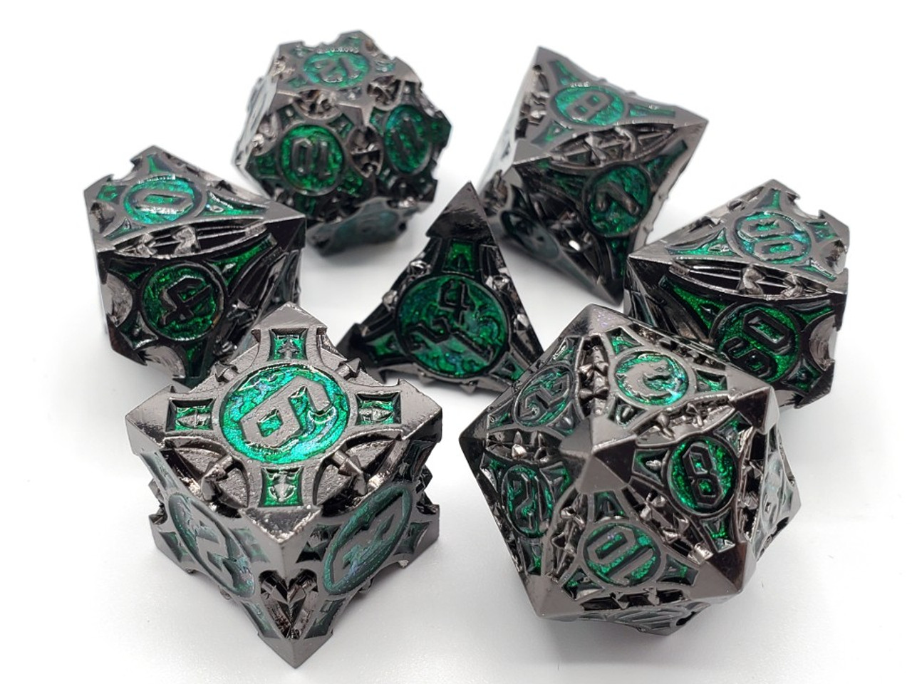 Old School 7 Piece Dnd RPG Metal Dice Set Gnome Forged - Black Nickel W/ Green
