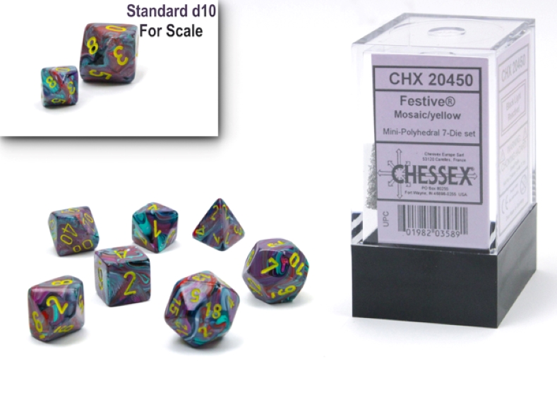 Chessex Festive Mini Polyhedral 7 Die Set: Mosaic with Yellow Numerals