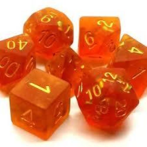Old School 7 Piece Dnd RPG Dice Set Infused - Frosted Firefly - Orange W/ Gold