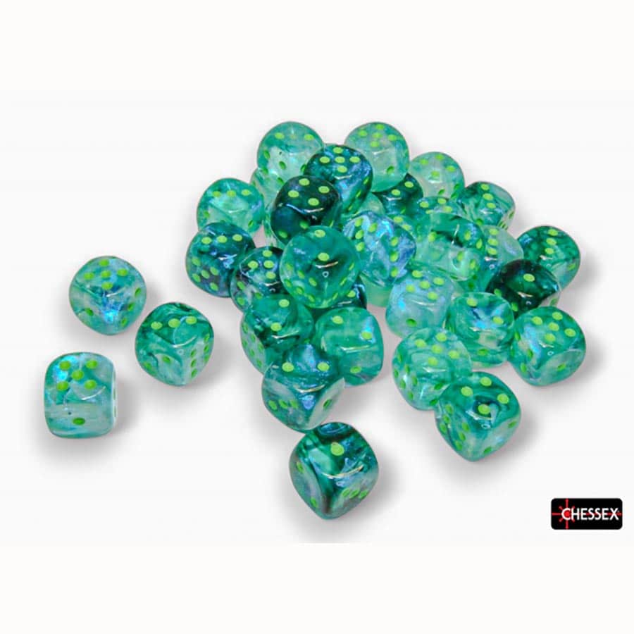 Chessex Dice: Borealis Kelp with Light Green Pips 12mm Glow-In-The-Dark D6s Dice (36)