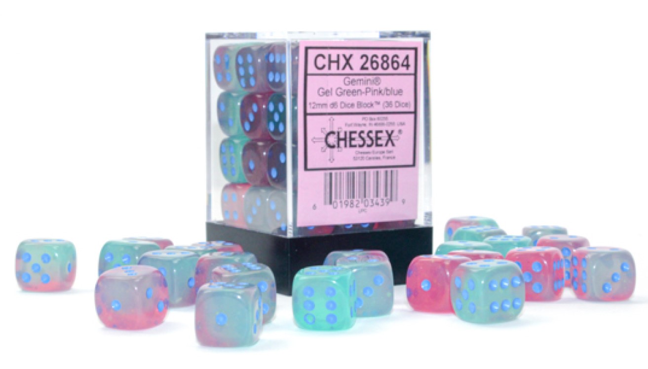 Block of 36 6-Sided 12mm Dice - Chessex Gemini Gel Green, Pink, & Blue with White Numerals Luminary