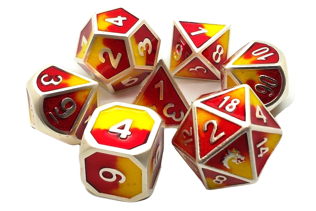 Old School 7 Piece DnD RPG Metal Dice Set: Dragon Forged - Platinum Red & Yellow