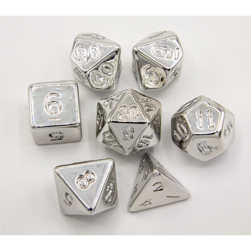 Dice Set of 7 - Almost Metal Silver With Silver Numerals