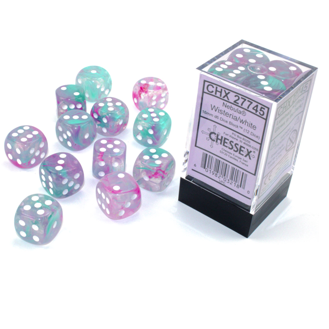 Block of 12 6-Sided 16mm Dice - Chessex Nebula Wisteria with White Numerals Luminary - Glows!