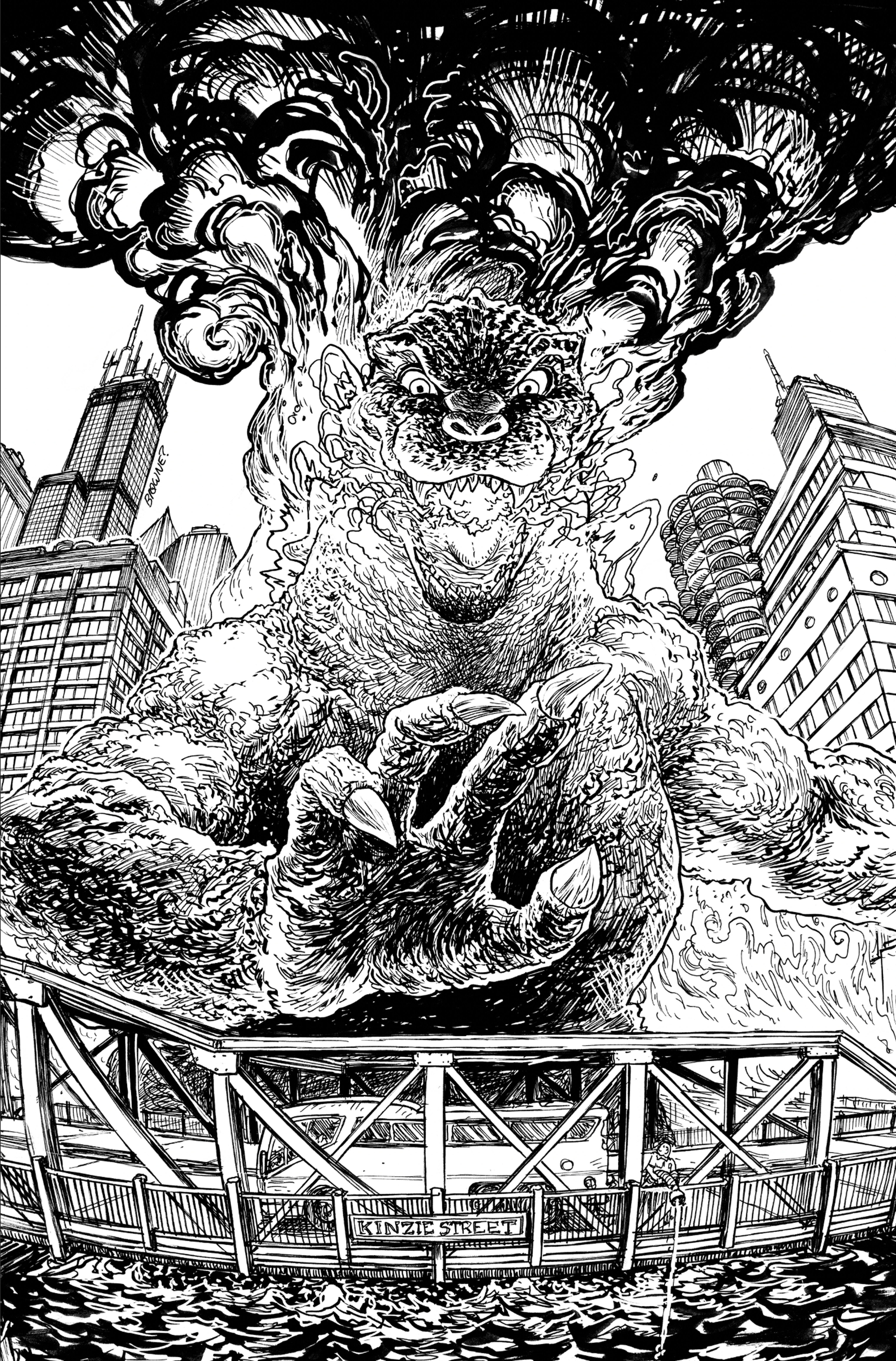 Godzilla Vs. America Chicago Cover Browne Full Art B&W 1 for 25 Variant