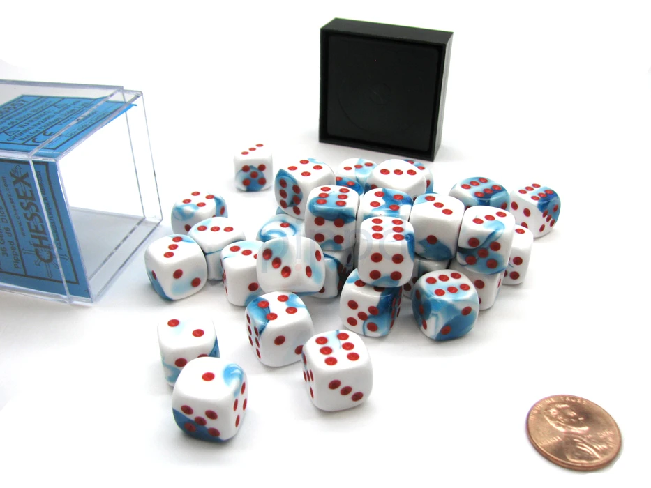 Block of 36 6-Sided 12mm Dice - Chessex Gemini Astral Blue & White with Red Numerals CHX 26857