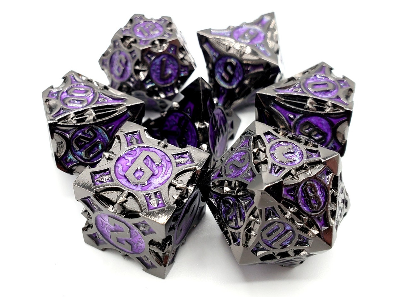 Old School 7 Piece Dnd RPG Metal Dice Set Gnome Forged - Black Nickel W/ Purple