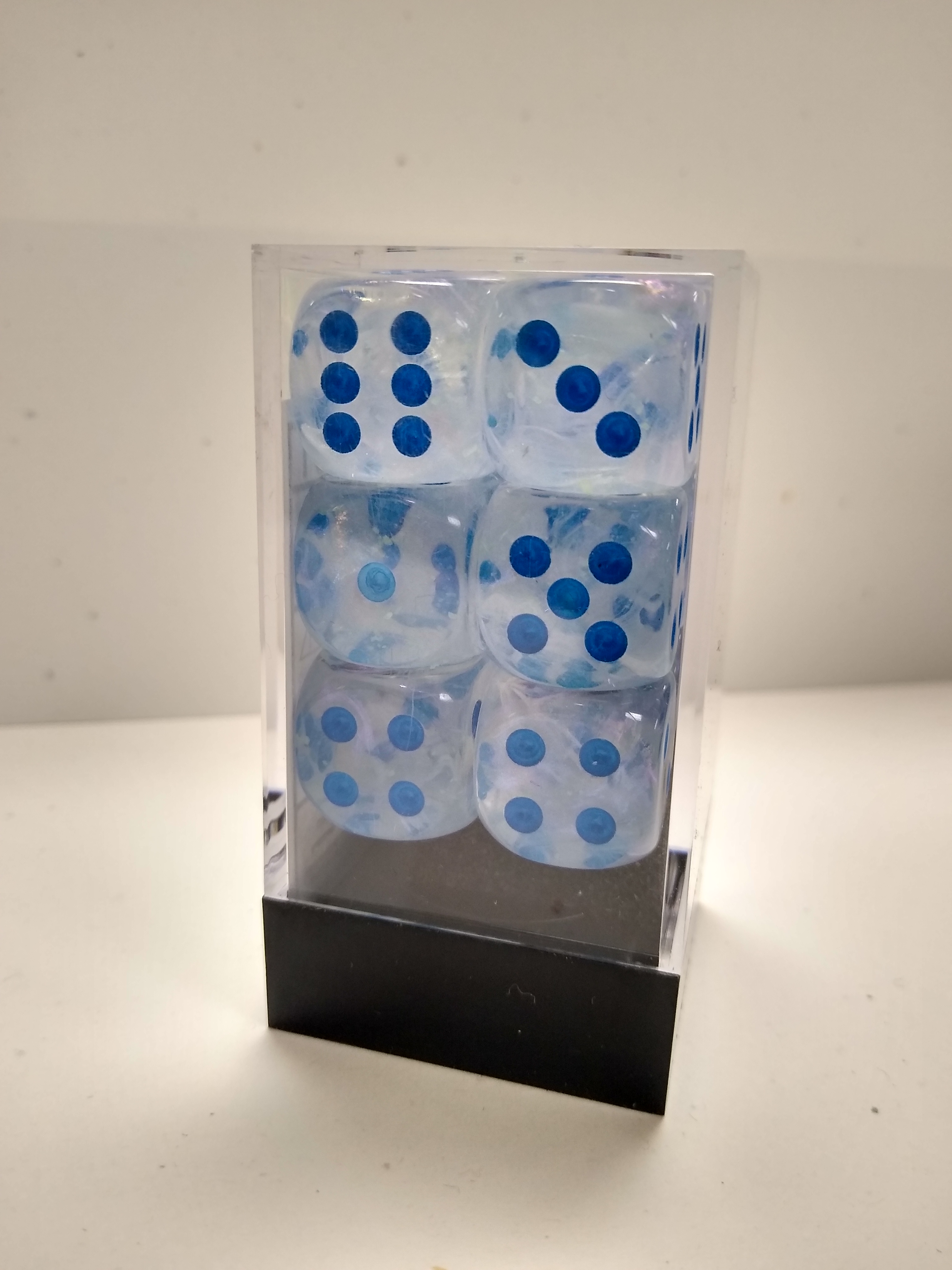 Block of 12 6-Sided 16Mm Dice - Chessex Borealis Icicle With Light Blue Numerals Luminary Glow 27781