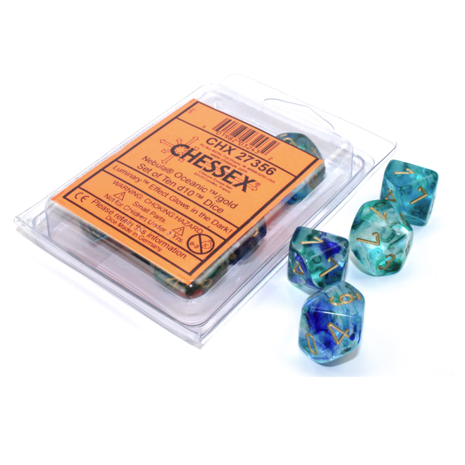 Set of 10 10-Sided Dice - Chessex Nebula Oceanic With Gold Numerals Luminary - Glows In The Dark!