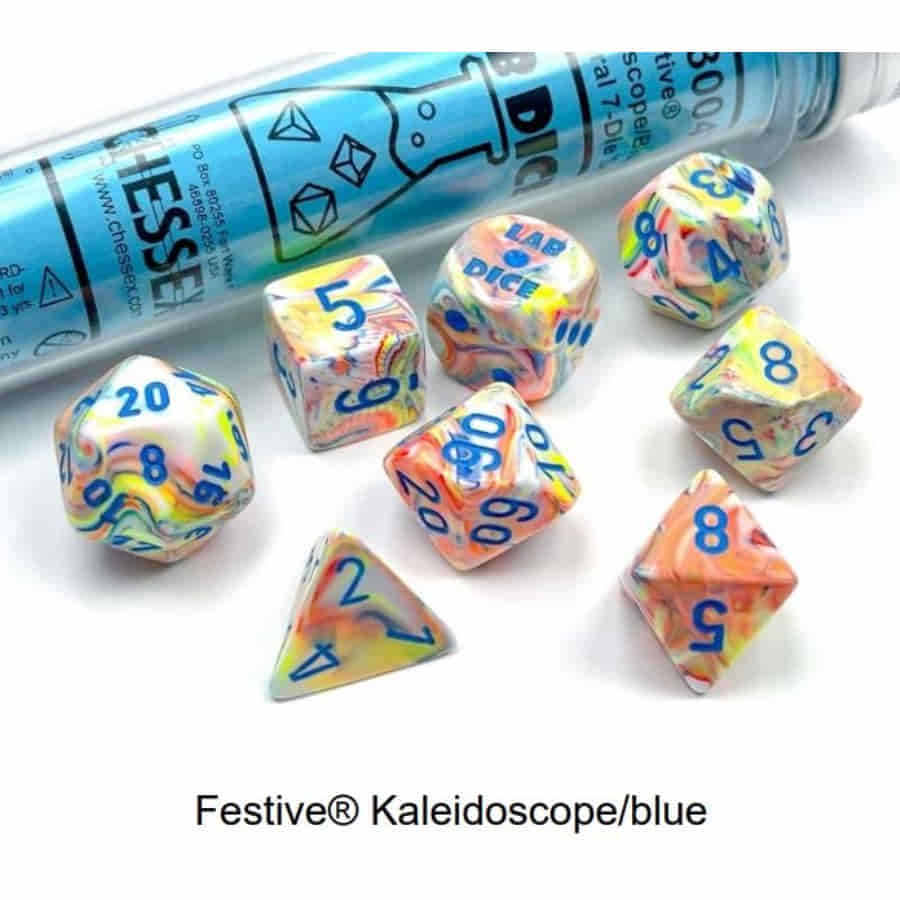 Chessex Lab Dice Series 5: (Luminary) Festive Kaleidoscope With Blue Numbers (7Ct)