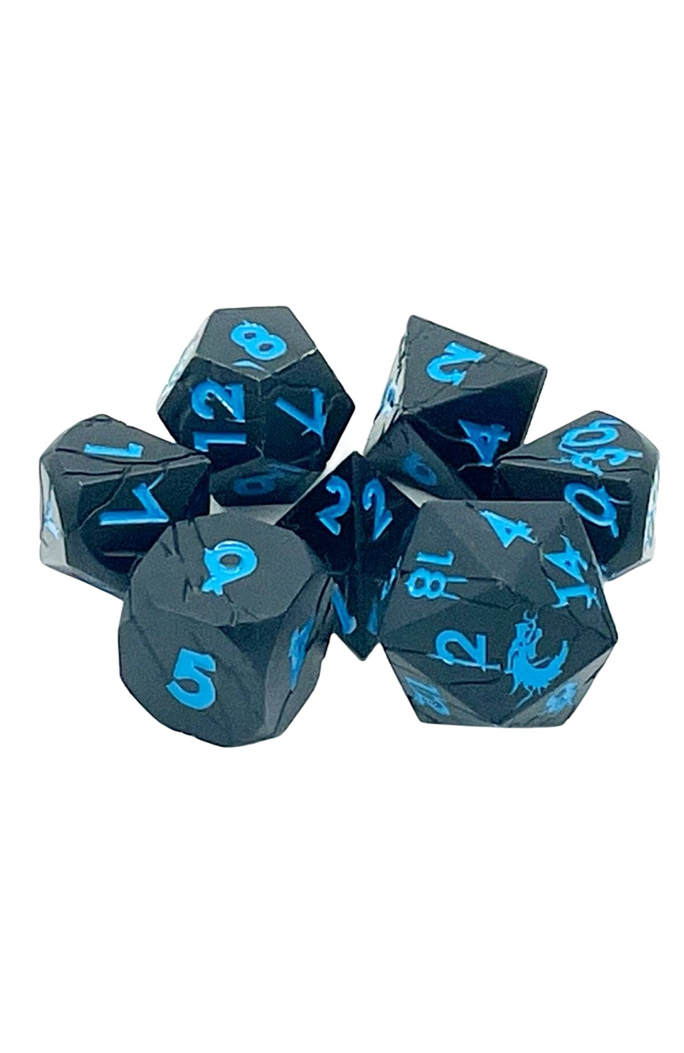 Old School 7 Piece Dnd Rpg Metal Dice Set: Orc Forged - Matte Black W/ Blue