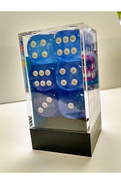Block of 12 6-Sided 16mm Dice - Chessex Borealis Sky Blue & White Numerals Luminary Glow in the Dark