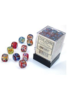 Block of 36 6-sided 12mm Dice - Chessex 27959 Nebula Primary with Blue Pips Luminary - Glows!