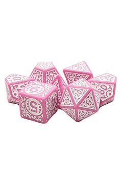 Old School 7 Piece Dnd Rpg Dice Set: Rune Dice - Magical Runes White W/ Pink