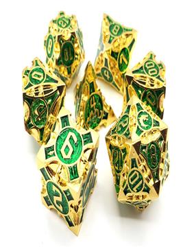 Old School 7 Piece Dnd RPG Metal Dice Set Gnome Forged - Gold W/ Green