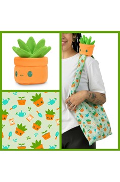 Plushie Tote Bag: Green Gardening Tote Bag + Green Succulent Plushie