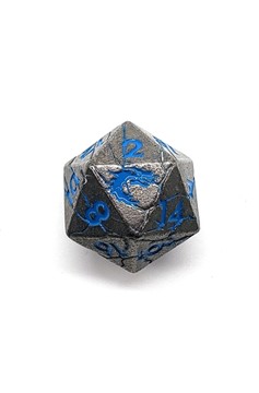 Old School Dnd Rpg Metal D20: Orc Forged - Ancient Silver W/ Blue Osdmtl-10120