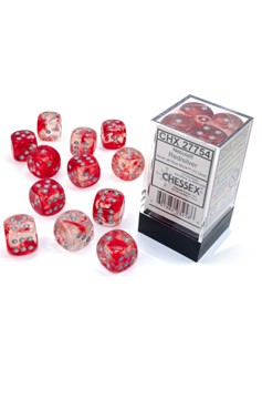 Block of 12 6-sided 16mm Dice - Chessex 27754 Nebula Red with Silver Pips Luminary - Glows!
