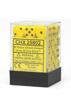 Block of 36 6-Sided 12mm Dice - Chessex Opaque Yellow with Black Numerals