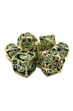 Old School 7 Piece Dnd Rpg Metal Dice Set: Hollow All Seeing Eye Dice - Gold W/ Green