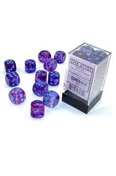 Block of 12 6-sided 16mm Dice - Chessex 27757 Nebula Nocturnal with Blue Pips Luminary - Glows!