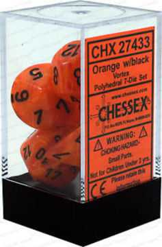 Dice Set of 7 - Chessex Vortex Orange with Black Numerals CHX 27433