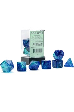 Dice Set of 7 - Chessex Gemini Blue with Light Blue Numerals Luminary - Glows in the Dark! CHX 26463