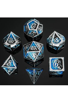 Hymgho Premium Dice Set: Dragon Solid Metal - Silver w/ Black/Blue (7)