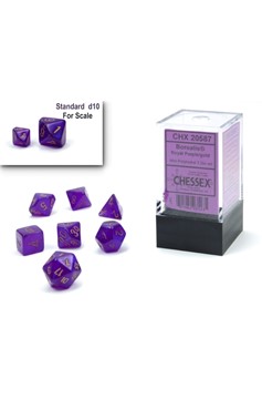 Chessex Borealis Mini Polyhedral 7 Die Set: Royal Purple with Gold Numerals Luminary