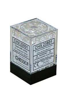 Block of 36 6-Sided 12mm Dice - Chessex Translucent Clear with White Numerals
