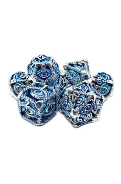 Old School 7 Piece Dnd Rpg Metal Dice Set: Hollow All Seeing Eye Dice - Silver W/ Blue