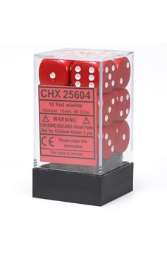 Block of 12 6-Sided 16mm Dice - Chessex Opaque Red with White Numerals