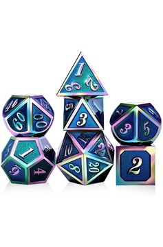 Dice Set of 7 - 16mm Blue Enamel with Rainbow Numerals - Made of Solid Metal!