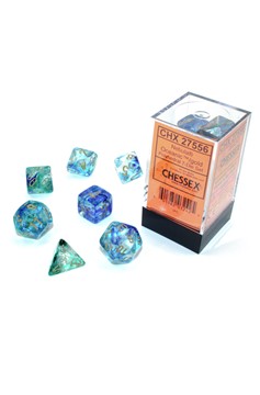 Dice Set of 7 - Chessex Nebula Oceanic with Gold Numerals Luminary - Glows in the Dark! CHX 27556