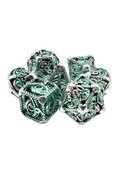 Old School 7 Piece Dnd Rpg Metal Dice Set: Hollow All Seeing Eye Dice - Silver W/ Green