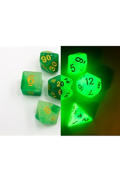 Dice Set of 7 - Fusion Green & White With Gold Numerals - Glows In The Dark!