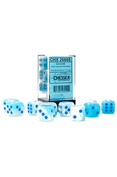 Block of 12 6-Sided 16mm Dice - Chessex Pearl Turquoise & White with Blue Numerals Luminary - Glows!