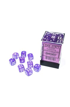 Block of 36 6-Sided 12mm Dice - Chessex Borealis Purple with White Numerals Luminary - Glows! 27977