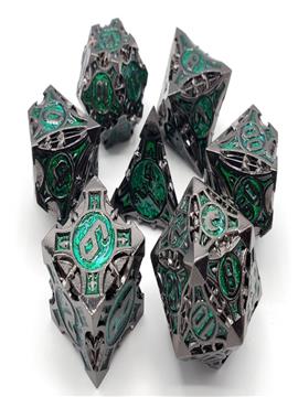 Old School 7 Piece Dnd RPG Metal Dice Set Gnome Forged - Black Nickel W/ Green