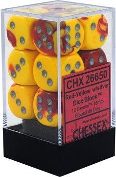 Block of 12 6-Sided 16mm Dice - Chessex Gemini Red & Yellow with Silver Numerals