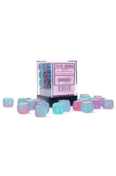 Block of 36 6-Sided 12mm Dice - Chessex Gemini Gel Green, Pink, & Blue with White Numerals Luminary