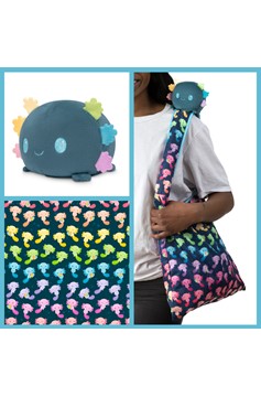 Plushie Tote Bag: Dark Blue Rainbow Axolotls Tote Bag + Blue (Rainbow Gills) Axolotl Plushie