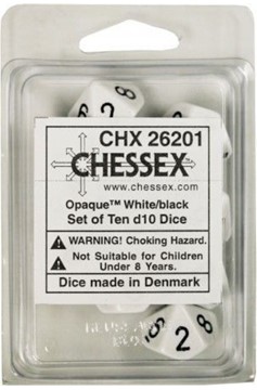 Chessex Opaque White w/Black Set of 10 d10 Dice (CHX26201)