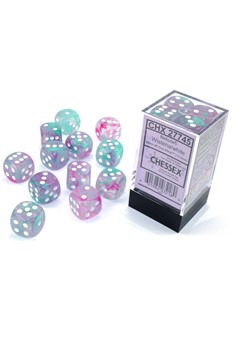 Block of 12 6-Sided 16mm Dice - Chessex Nebula Wisteria with White Numerals Luminary - Glows!