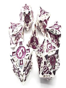 Old School 7 Piece Dnd RPG Metal Dice Set Gnome Forged - Silver W/ Purple